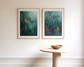 Emerald Green Abstract Art Print Set: Gold & Teal Texture (Digital Download)