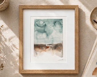Original Watercolor Abstract Painting, Sage Green Framed Wall Art, Neutral Landscape Earth Tone Decor, Minimalist Fine Art 30x40cm