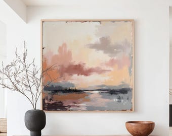 Stor, blush, solnedgång, abstrakt landskap, väggkonsttryck, mjuka färger