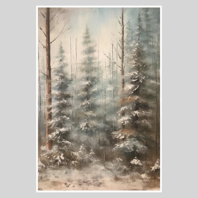 Wall Art Snowy Pine Forest Oil Painting, Decor, Winter Landscape Pine