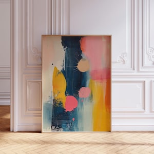 Large Abstract Modern Wall Art in Blue Yellow Salmon