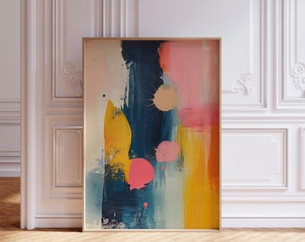 Large Abstract Modern Wall Art in Blue Yellow Salmon