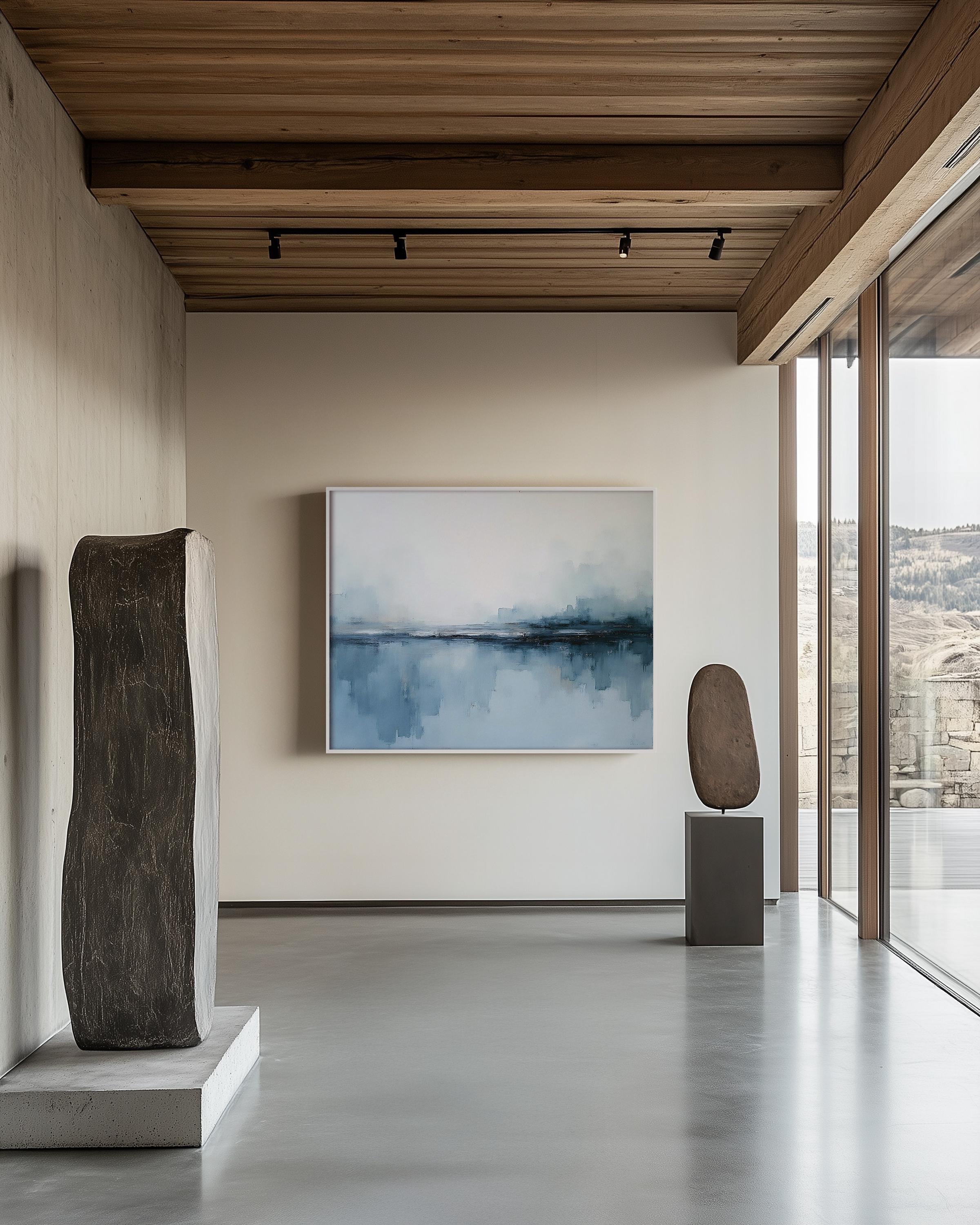 Calm Coastal Mist Abstract Art – Minimal Blue Landscape Large Wall ...