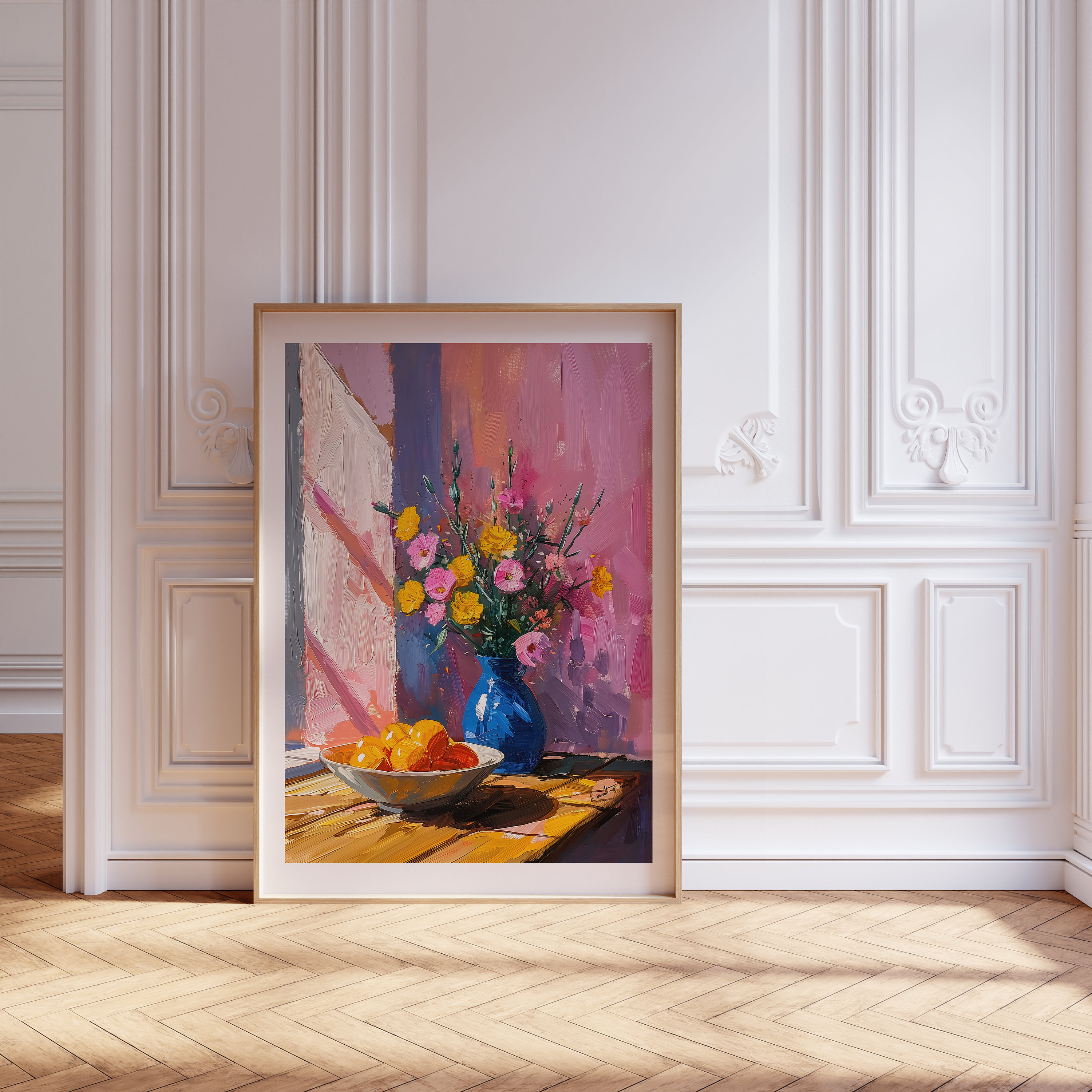 Vintage Abstract Wall Art Giclée Prints, Vibrant Naturmort  Inspired by Henri Matisse, Flowers and Fruit Composition in a Vase