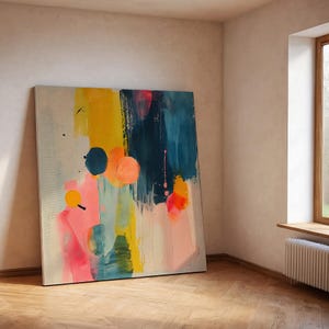 Colorful Abstract Modern Art Large Wall Painting with Blue, Yellow, and Salmon Tones Giclee Print,  Large Wall Art in Salmon Accents