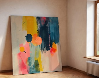 Large Colorful Abstract Canvas Print Blue, Yellow, Salmon Tones