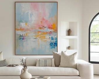 Large Pastel Abstract Landscape Art Print, Pink Orange Blue Wall Art