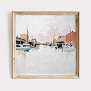 Coastal Harbor Wall Art, Nautical Seaside Painting, Boat Market Digital Print, Tranquil Waterfront Scene, Maritime Home Decor, Ocean Art
