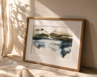 Original Abstract Landscape Wall Art Framed Neutral Lake Home Decor