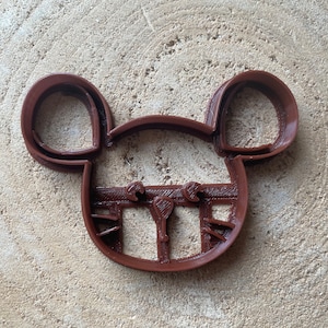 Peut inclure: Emporte-pièce en plastique marron en forme de souris avec de grandes oreilles et un visage détaillé.