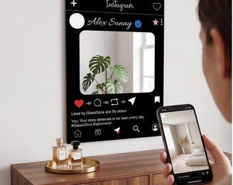 Espejo para historias de Instagram / Marco personalizado para redes sociales / Decoración de pared para selfies / Impresión digital en plexiglás plateado / Arte en espejo