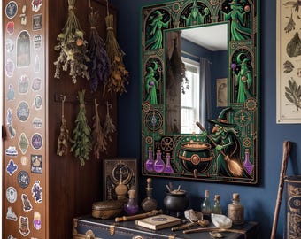 Marco de espejo de mago, decoración de espejo de bruja, arte de caldero de pociones, espejo mágico gótico, habitación de mago místico, marco de brujería, decoración de bruja fantástica