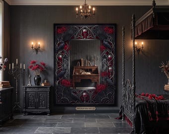 Espejo de pared gótico con cuervo decorativo, marco negro con arte de lirio araña rojo, espejo de decoración victoriana gótica estilo academia oscura para el hogar.