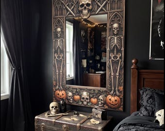 Espejo gótico con calavera y calabaza - Decoración de pared espeluznante de Halloween - Lámina artística con estética Dark Academia impresa en plexiglás