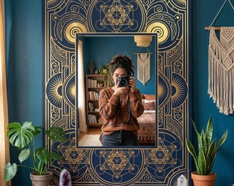 Espejo Art Déco de Geometría Sagrada, Arte de Pared Dorado y Azul, Decoración del Cubo de Metatrón, Espejo de Lujo para el Hogar, Regalo para Diseñadores Gráficos