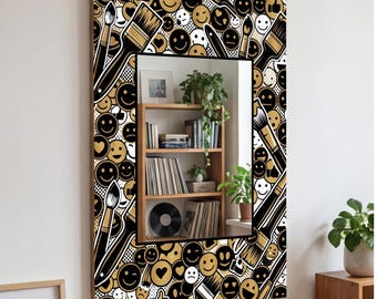 Espejo con emojis de arte pop, decoración de pared con caras sonrientes, arte de pared con pinceladas de artista, decoración para habitación de adolescente, espejo de estudio creativo