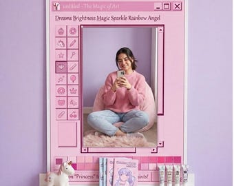 Espejo de ventana rosa kawaii para ordenador, espejo de pared con estética coqueta, decoración de habitación inspirada en el anime, lindo espejo de tocador para dormitorio de niñas