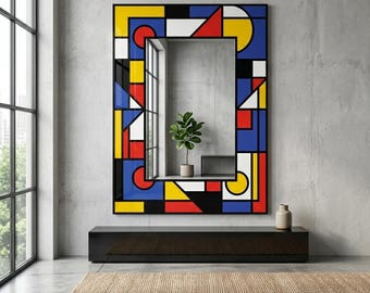 Espejo geométrico Mondrian de De Stijl / Arte mural abstracto vibrante en plexiglás / Espejo de pared inspirado en la Bauhaus / Regalo único de artista