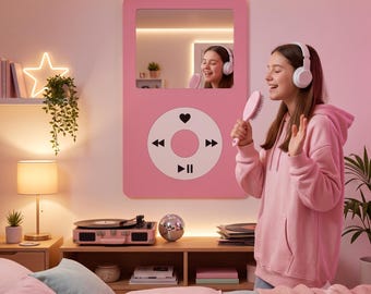 Espejo decorativo de pared estilo iPod retro / Diseño de reproductor de música rosa / Impresión digital y espejo plateado de acrílico plexiglás