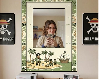 Espejo de pared pirata con pixel art, espejo retro de 8 bits con marco, espejo decorativo de isla pirata, decoración de pared para sala de juegos, espejo de tocador.