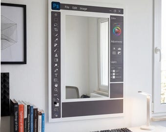 Espejo con interfaz de Photoshop / Arte mural para diseñadores digitales / Decoración para estudios creativos / Espejo de plexiglás con temática de Adobe para amantes de la tecnología
