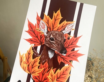 Fawn and Maple Leaf Print | Art Print | Autumn Decor