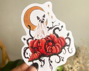 Ghost Cat and Pumpkin Sticker | Autumn Decor | Halloween