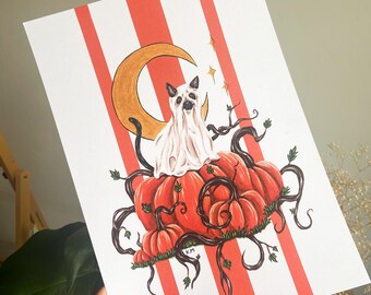 Print met spookkat en pompoen | Kunstafdruk | Herfstdecoratie | Halloween