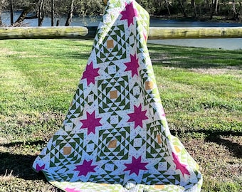 DIGITAL Pattern Nighttime Blooms Quilt ,Easy Beginner Quilt Pattern, Jelly Roll ,Yardage ,Fat Quarter Quilt Pattern,Star Quilt pattern,Flowe