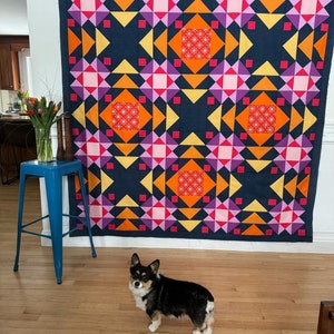 May include: A colorful quilt with a geometric pattern in shades of pink, orange, yellow, and blue. The quilt is hanging on a white wall and a dog is standing in front of it.