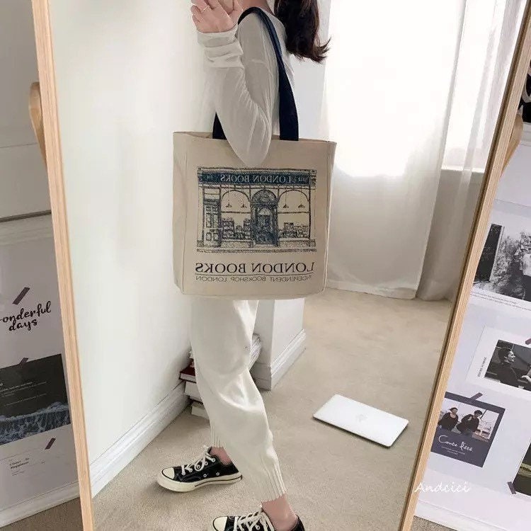 Discover Printed London books Canvas Tote Bag | Handmade Tote Bag | Tote bag aesthetic | Daunt books Tote bag | School bag