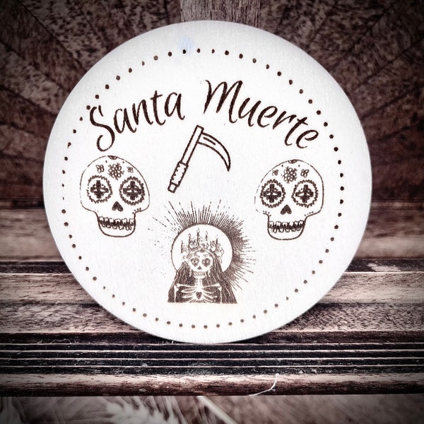 SANTA MUERTE - Plaque Autel Pyrogravée Ronde