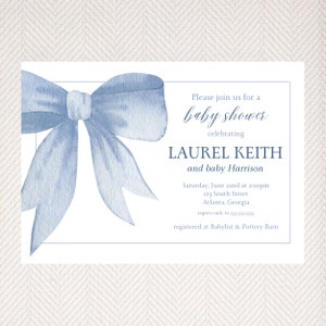 Editable Baby Shower Invitation, Blue Bow, Swaddle Bow, Baby, Gender Neutral, Baby Shower Invitation, Birthday Invitation, Digital Download