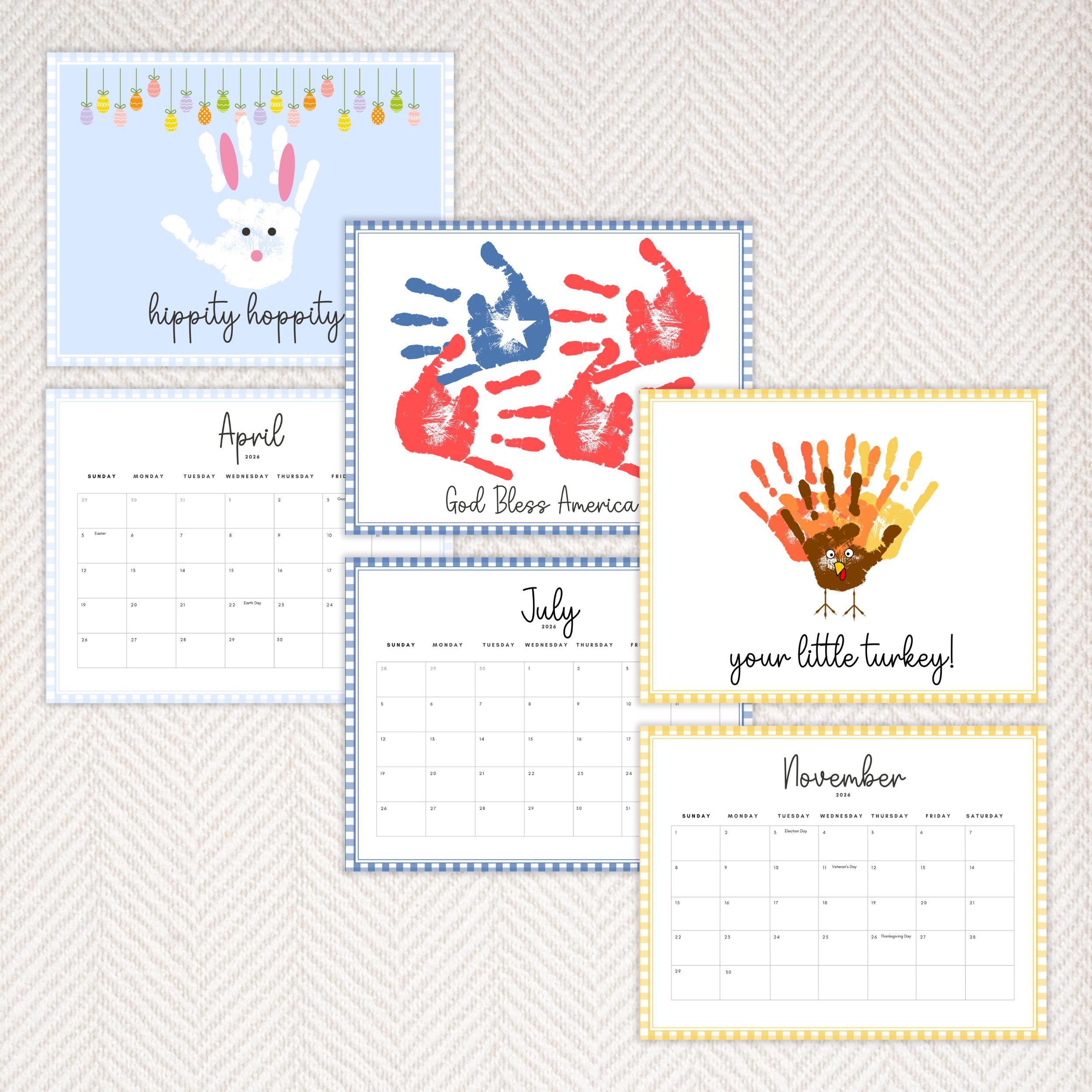 2026 Gingham Handprint Calendar, Digital Download, Handprint Calendar