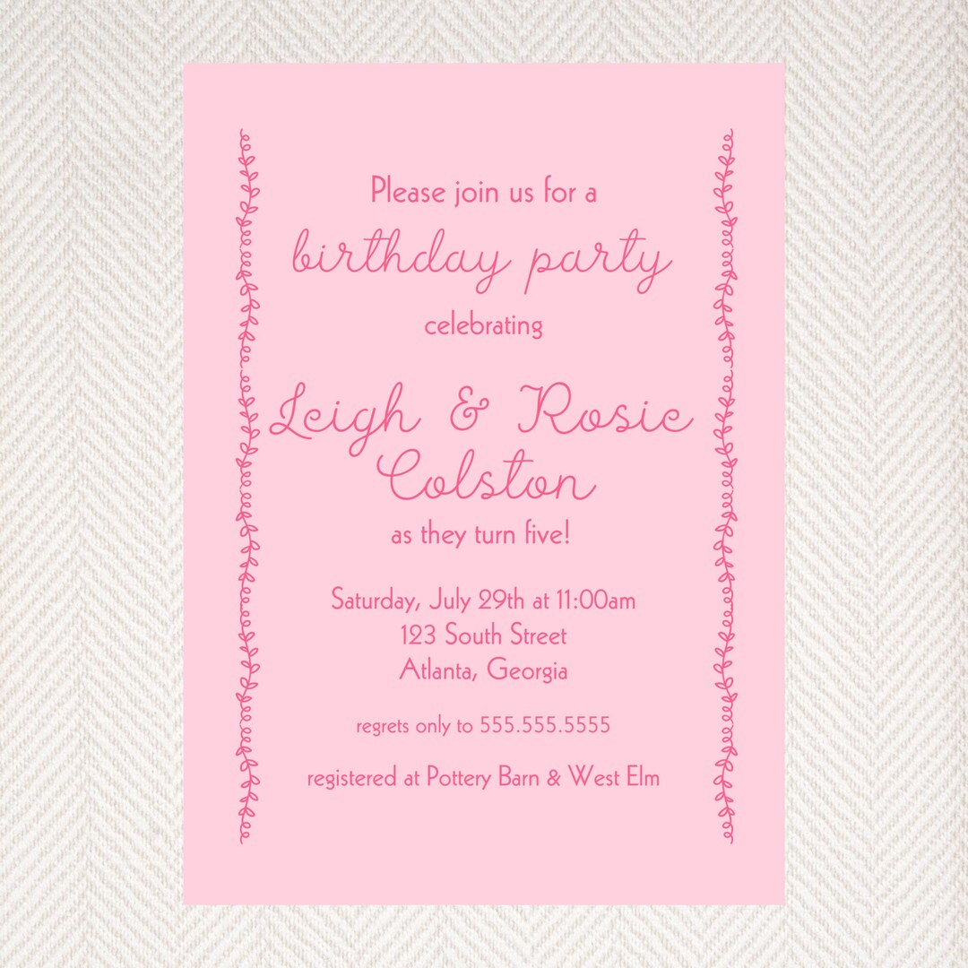 Editable Party Invitation Light Pink Vine Vine Design Baby Etsy