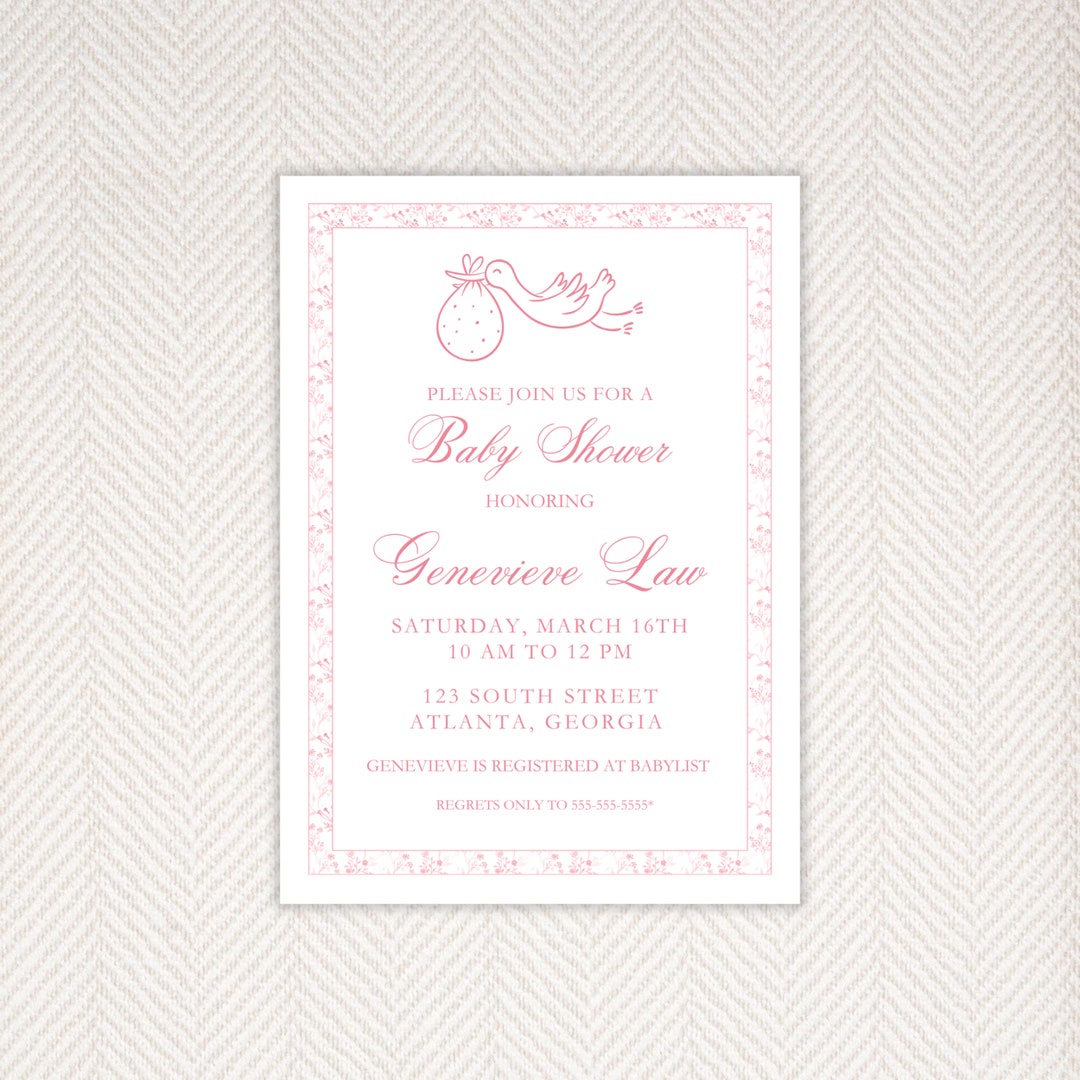 Baby Shower Invitation, Pink Toile, Pink Stork, Baby Girl, Custom Baby Shower Invitation, Party