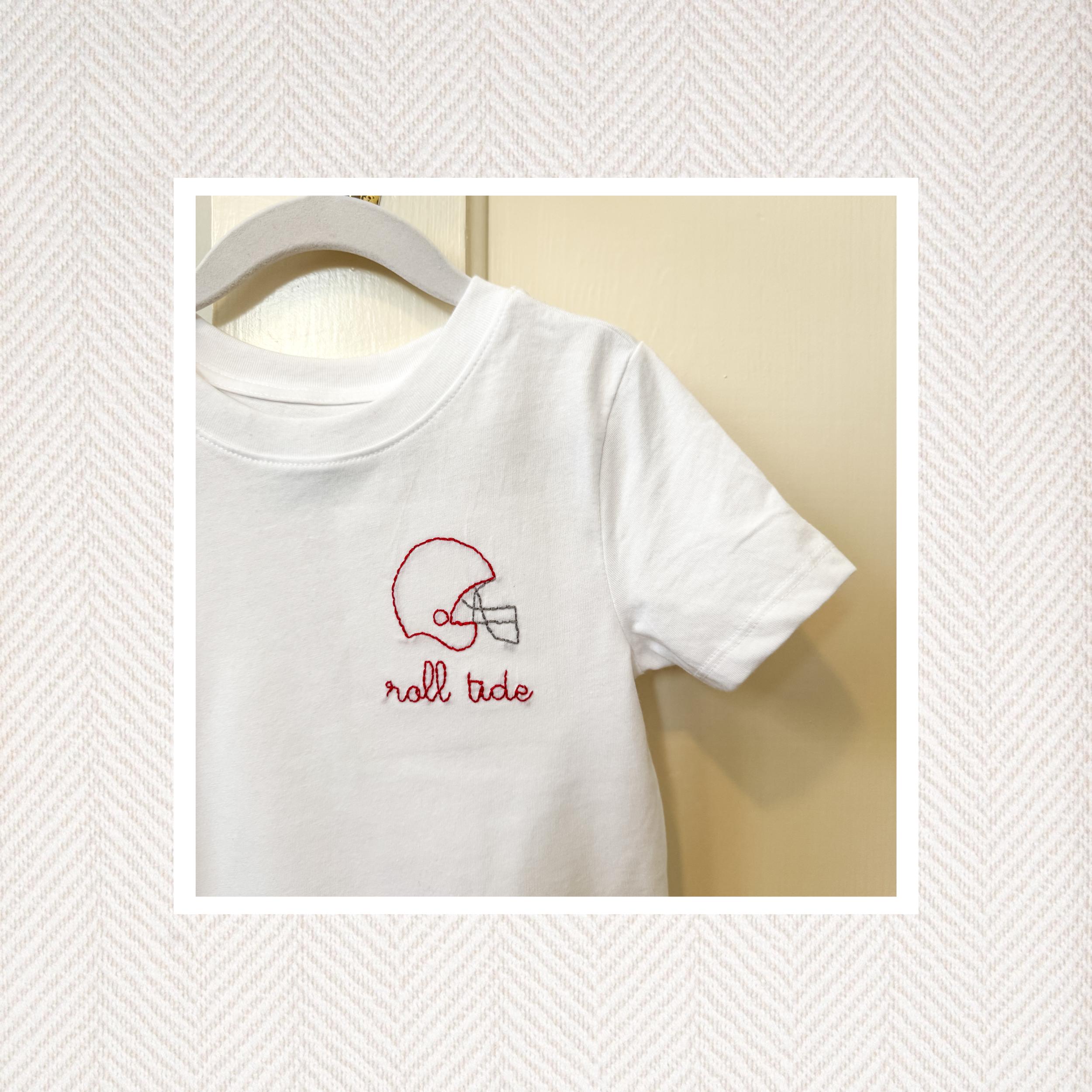 Custom Hand Embroidered Roll Tide Shirt, Hand Stitch, Embroidery, Football, Toddler Boy, Crimson Tide, Alabama, RTR, Embroidery with Helmet