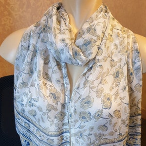 Vintage Floral Scarf: Semi Sheer Off White with Blue and Yellow Flowers