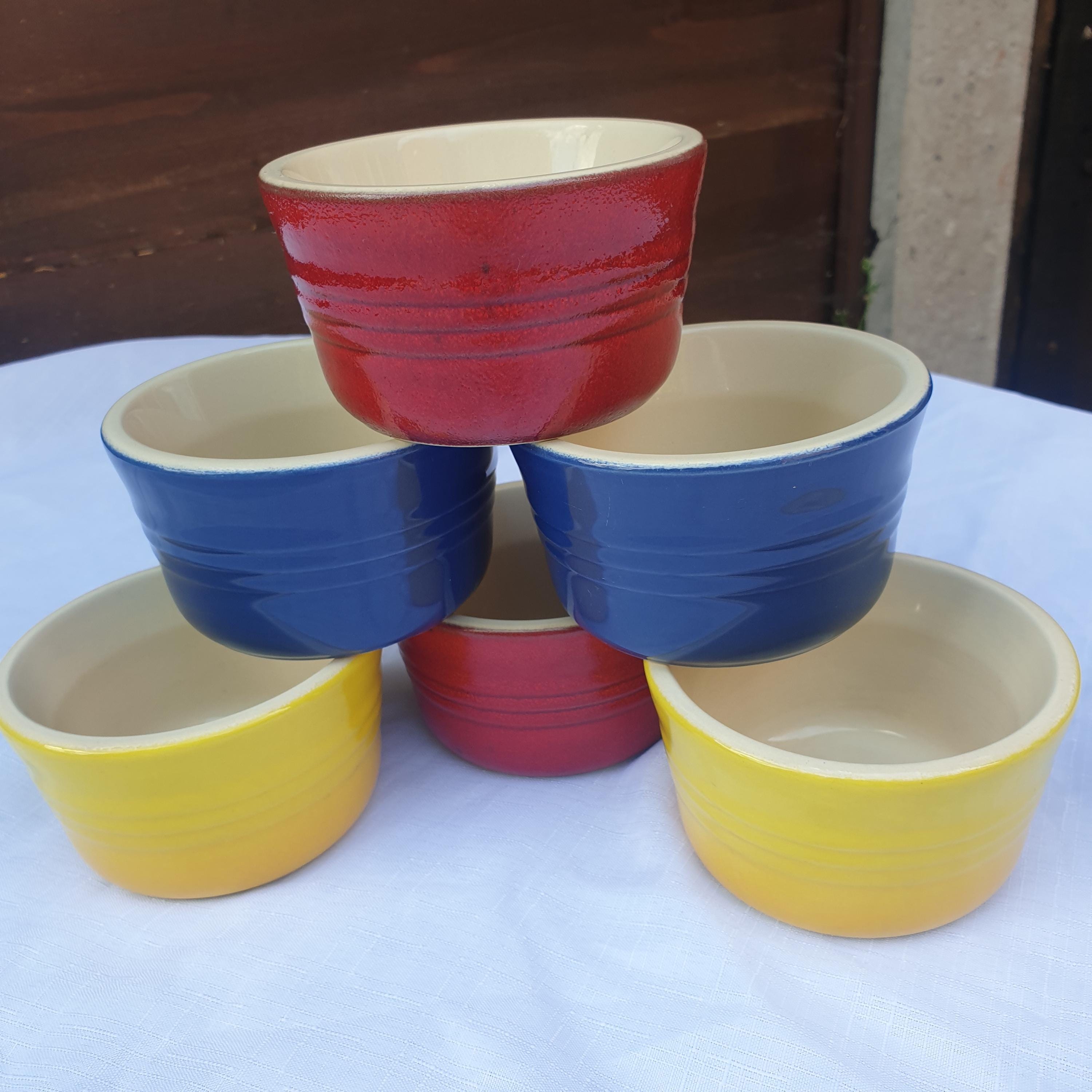 Set of 6 Le Creuset Stoneware Ceramic Ramekins Yellow, Red and Blue
