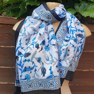 Vintage Ottoman Silk Scarf: Blue Floral, Made in Turkey
