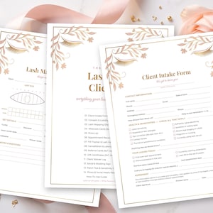 May include: Three white paper forms with gold foil-style floral and eyelash illustrations at the top corners. The documents include a Client Intake Form, a Lash Mapping sheet, and a list of contents, all featuring black text and lines for data entry.