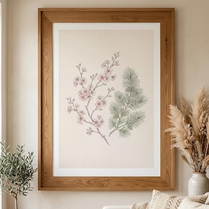 Cherry Blossom Pine Branch Botanical Print, Boho Minimal Wall Art (Digital Download)