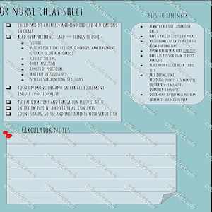 Op de afbeelding: Een blauwe en witte afdrukbare checklist voor verpleegkundigen in een operatiekamer. De checklist bevat tips om te onthouden, zoals het aangeven van vervaldatums, het dragen van een paar handschoenen in de zak en het kennen van het brandrisico. Het bevat ook een sectie voor circulatienota's.