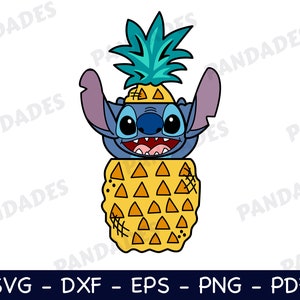 May include: A blue cartoon character with large eyes and a wide smile is wearing a pineapple costume. The character is wearing a yellow pineapple costume with green leaves on top. The character is looking to the right.