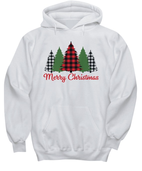 Christmas Hoodie, White Hoodie Plaid Christmas Trees, Christmas