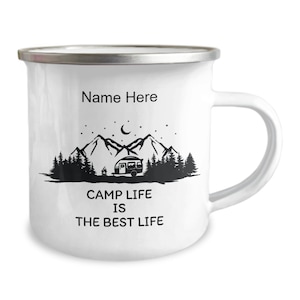 Personalised camping gift , coffee mug ,camping holiday gift, enamel mug , camp life is the best life