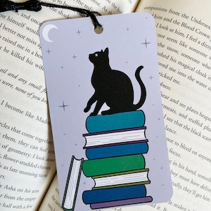 Night Cat on Books Bookmark with Tassel, Book Accessory, Cute and Cool Bookmark, witchy bookmark