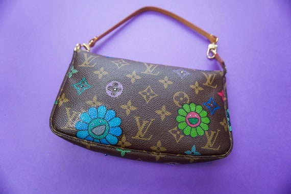 Upcycled Vintage Louis Vuitton Pochette Hand Painted Flowers 