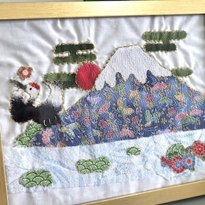 Handmade Japanese Patchworked Fabric Wall Hanging with the gold frame