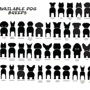 K&ouml;nnte beinhalten: Eine Schwarzwei&szlig;grafik, die die R&uuml;ckansicht von 40 verschiedenen Hunderassen zeigt. Die Rassen sind unter jeder Silhouette aufgelistet. Der Text "AVAILABLE DOG BREEDS" befindet sich oben im Bild.